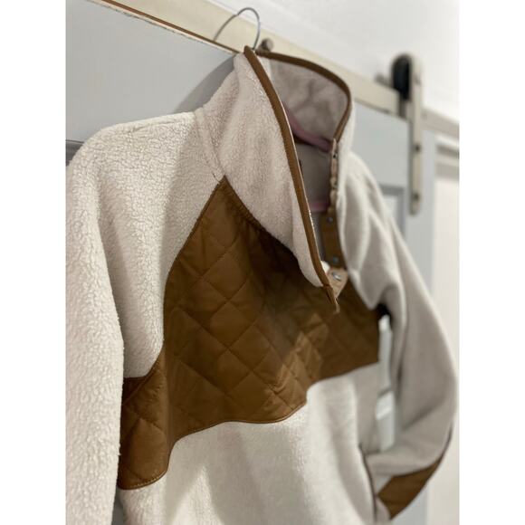 Abercrombie & Fitch Sweaters - Abercrombie & Fitch Sherpa Pullover Faux Leather Trim Snap Neck Size S